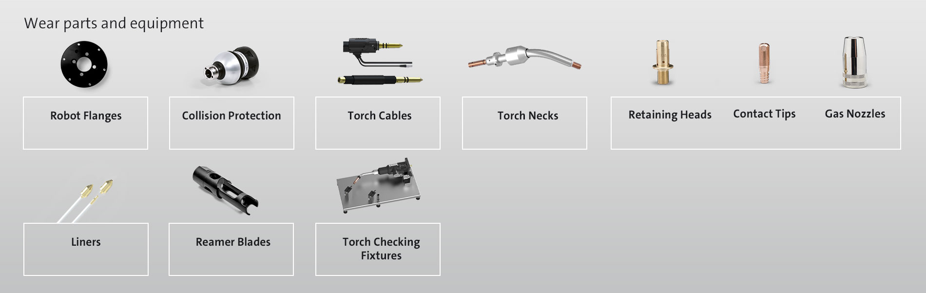 SKS torch system equipment: collision protection, torch cables, torch necks, liners, retaining heads, contact tips, gas nozzles, reamer blades, checking fixtures