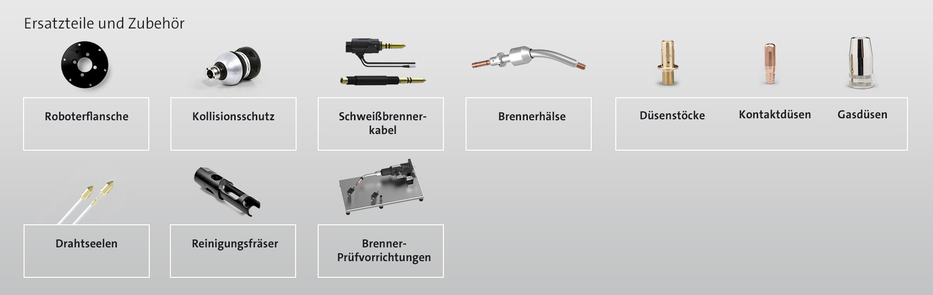 SKS Zubehör und Verschleißteile für Schweißbrenner: Kollisionsschutz, Schweißbrennerkabel, Brennerhälse, Düsenstöcke, Kontaktdüsen, Gasdüsen, Drahtseelen, Reinigungsfräser, Brenner-Prüfvorrichtungen