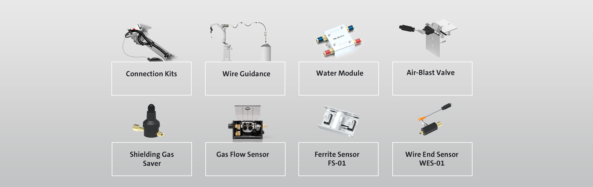 SKS welding machine equipment: connection kits, robot flanges, wire guidance, water module, air-blast valve, shielding gas saver, gas flow sensor, ferrite sensor, wire end sensor