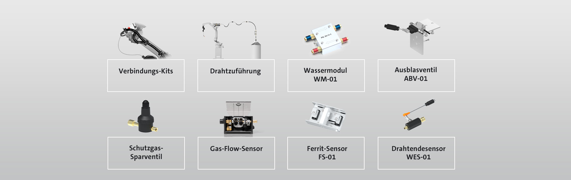 SKS Zubehör Schweißmaschinen: Verbindungs-Kits, Roboterflansche, Drahtzuführung, Wassermodul, Ausblasventil, Schutzgas-Sparventil, Gas-Flow-Sensor, Ferrit-Sensor, Drahtendesensor